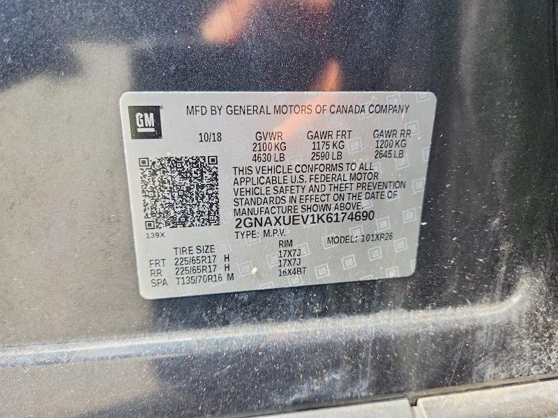 61152136 :رقم المزاد ، 2GNAXUEV1K6174690 vin ، 2019 Chevrolet Equinox مزاد بيع