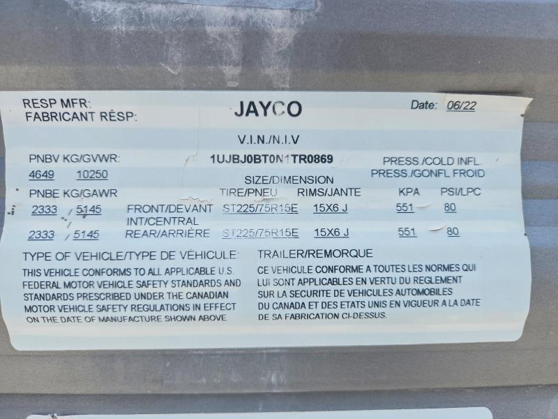 59608076 :رقم المزاد ، 1UJBJ0BT0N1TR0869 vin ، 2022 Jay Rv Trailer مزاد بيع