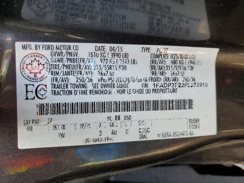 Продаж на аукціоні авто 2015 Ford Focus, vin: 1FADP3F22FL278919, номер лоту: 59676906