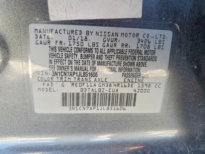 63387036 :رقم المزاد ، 3N1CN7AP1JL851606 vin ، 2018 Nissan Versa مزاد بيع