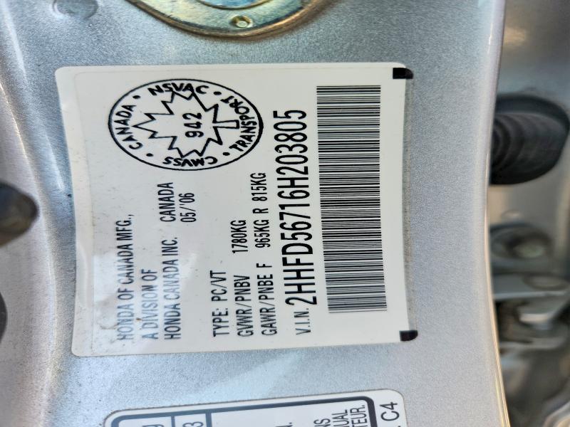 Продажа на аукционе авто 2006 Acura Csx, vin: 2HHFD56716H203805, номер лота: 62094286