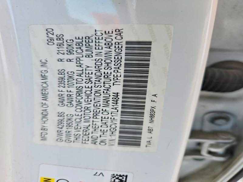 Продаж на аукціоні авто 2020 Honda Accord, vin: 1HGCV1F17LA144844, номер лоту: 61146316