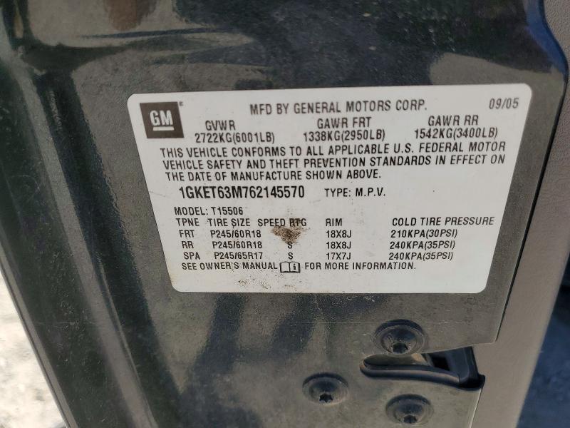 Aukcja sprzedaży 2006 Gmc Envoy, vin: 1GKET63M762145570, numer aukcji: 62626856