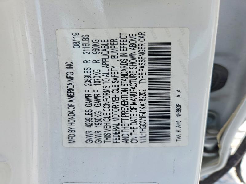 62154896 :رقم المزاد ، 1HGCV1F41KA162202 vin ، 2019 Honda Accord مزاد بيع