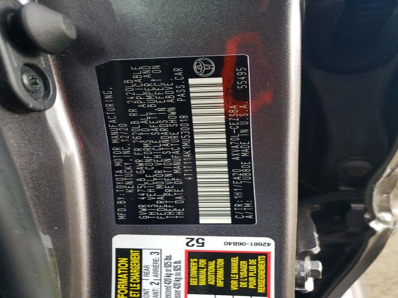 62588586 :رقم المزاد ، 4T1T11AK1MU530018 vin ، 2021 Toyota Camry مزاد بيع