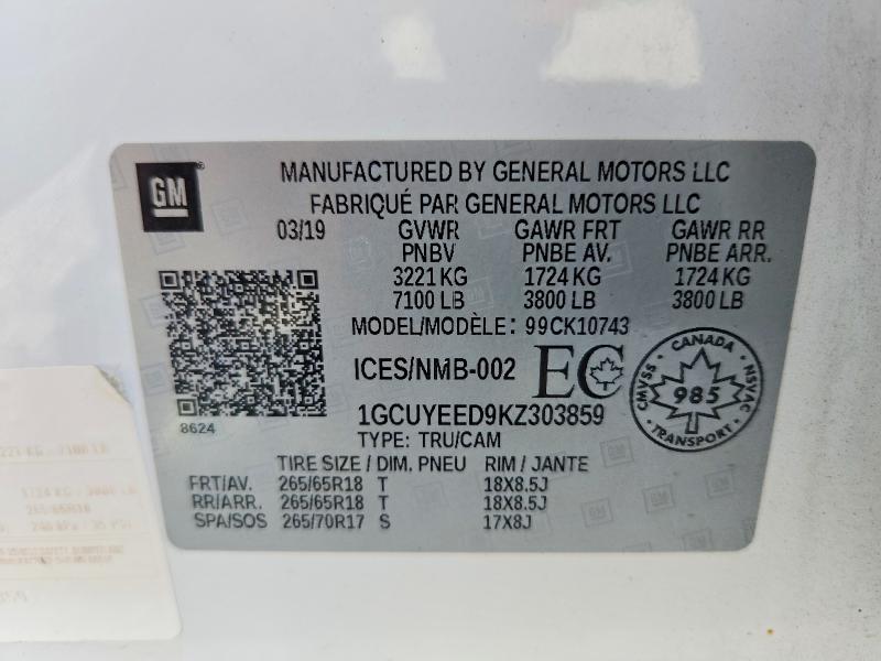 Aukcja sprzedaży 2019 Chevrolet Silverado, vin: 1GCUYEED9KZ303859, numer aukcji: 58026546