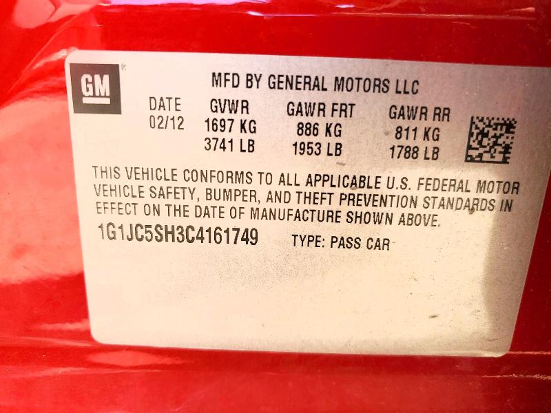 2012 Chevrolet Sonic მანქანა იყიდება აუქციონზე, vin: 1G1JC5SH3C4161749, აუქციონის ნომერი: 61499366