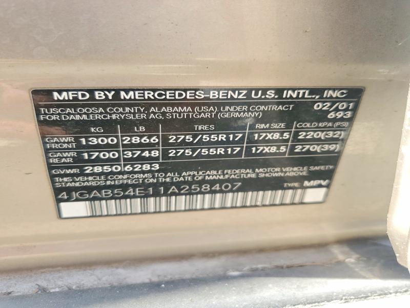 2001 Mercedes-benz Ml მანქანა იყიდება აუქციონზე, vin: 4JGAB54E11A258407, აუქციონის ნომერი: 63083416