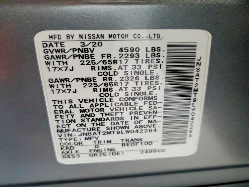 2020 Nissan Rogue მანქანა იყიდება აუქციონზე, vin: JN8AT2MT9LW042264, აუქციონის ნომერი: 60233026