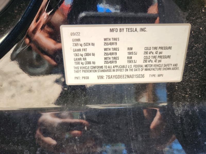 63283216 :رقم المزاد ، 7SAYGDEE2NA015036 vin ، 2022 Tesla Model Y مزاد بيع