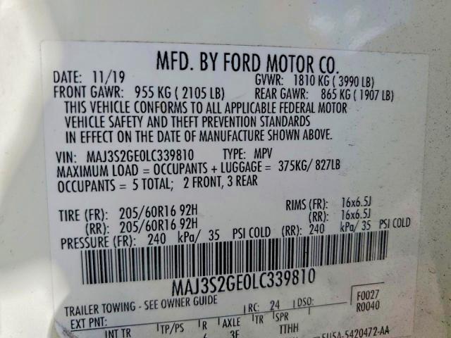 2020 Ford Ecosport მანქანა იყიდება აუქციონზე, vin: MAJ3S2GE0LC339810, აუქციონის ნომერი: 62153866