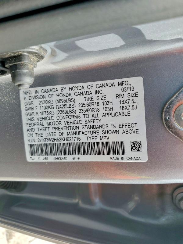 Продаж на аукціоні авто 2019 Honda Cr-v, vin: 2HKRW2H52KH621716, номер лоту: 61469496