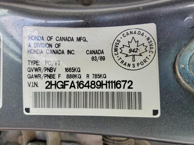 2009 Honda Civic მანქანა იყიდება აუქციონზე, vin: 2HGFA16489H111672, აუქციონის ნომერი: 60564126
