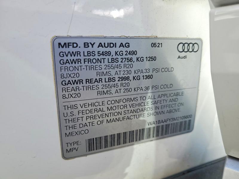 2021 Audi Q5 მანქანა იყიდება აუქციონზე, vin: WA1BAAFY3M2105600, აუქციონის ნომერი: 60090346