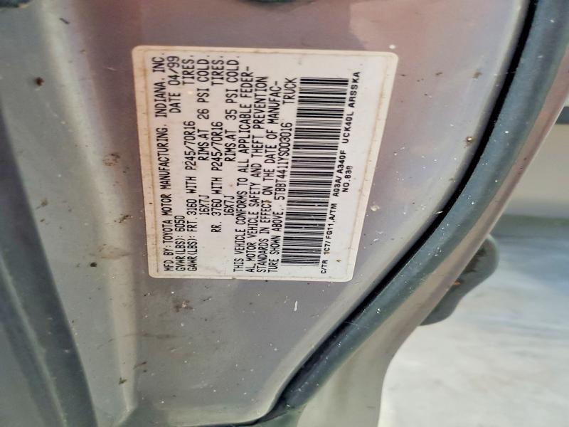 Продаж на аукціоні авто 2000 Toyota Tundra, vin: 5TBBT4411YS003016, номер лоту: 59284146