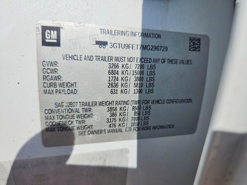 2021 Gmc Sierra მანქანა იყიდება აუქციონზე, vin: 3GTU9FET7MG296729, აუქციონის ნომერი: 61069606