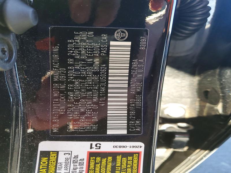 59848176 :رقم المزاد ، 4T1L11AK3LU502624 vin ، 2020 Toyota Camry مزاد بيع
