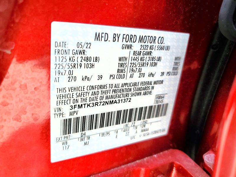 2022 Ford Mustang Mach-e მანქანა იყიდება აუქციონზე, vin: 3FMTK3R72NMA31372, აუქციონის ნომერი: 61893866
