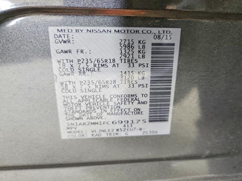 61531996 :رقم المزاد ، 5N1AR2MM1FC699175 vin ، 2015 Nissan Pathfinder مزاد بيع