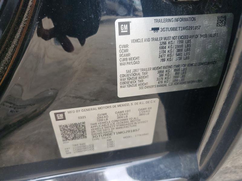 2021 Gmc Sierra მანქანა იყიდება აუქციონზე, vin: 3GTU9BET1MG291857, აუქციონის ნომერი: 59612146