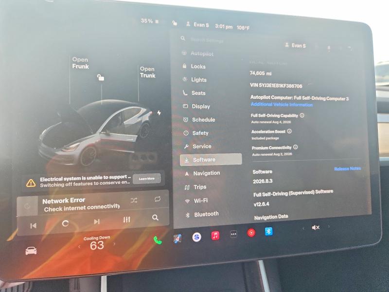 2019 Tesla Model 3 მანქანა იყიდება აუქციონზე, vin: 5YJ3E1EB1KF386706, აუქციონის ნომერი: 61796766