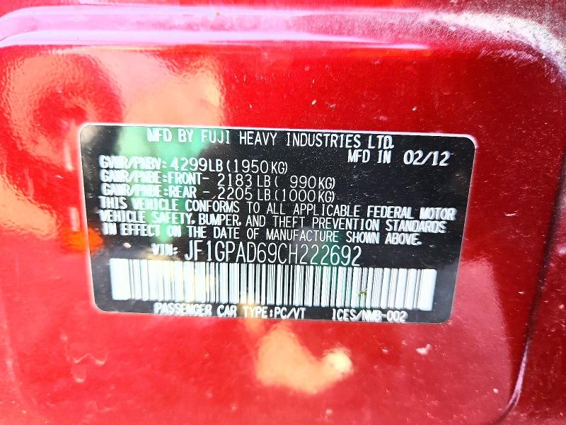Продаж на аукціоні авто 2012 Subaru Impreza, vin: JF1GPAD69CH222692, номер лоту: 61838976