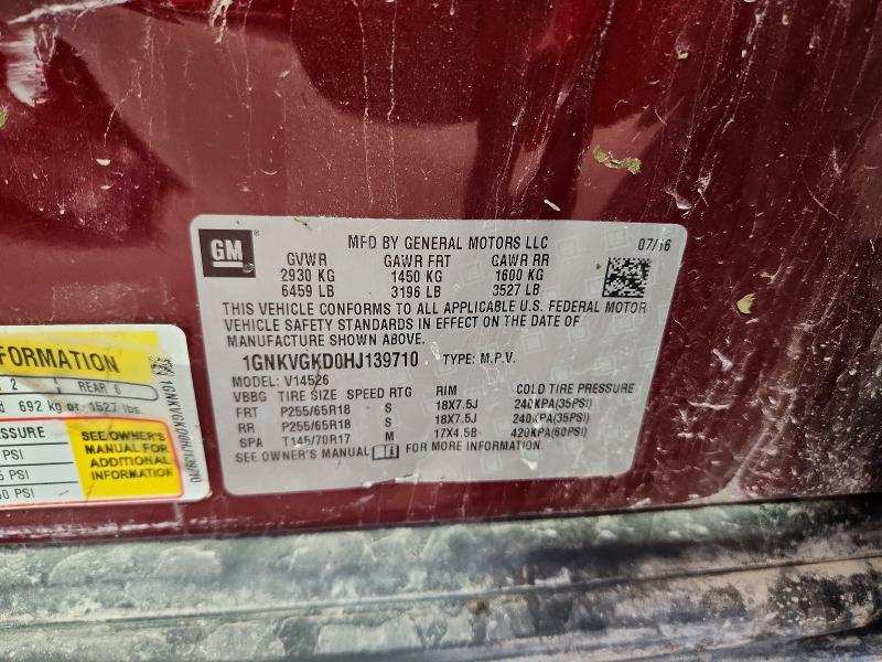 Aukcja sprzedaży 2017 Chevrolet Traverse, vin: 1GNKVGKD0HJ139710, numer aukcji: 60372356