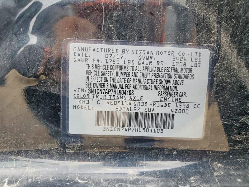 60792896 :رقم المزاد ، 3N1CN7AP7HL904108 vin ، 2017 Nissan Versa مزاد بيع