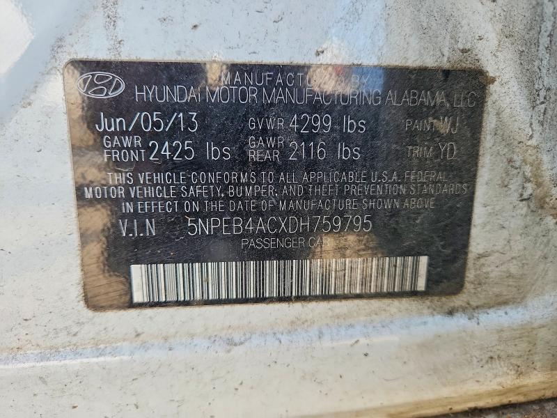 61201666 :رقم المزاد ، 5NPEB4ACXDH759795 vin ، 2013 Hyundai Sonata مزاد بيع