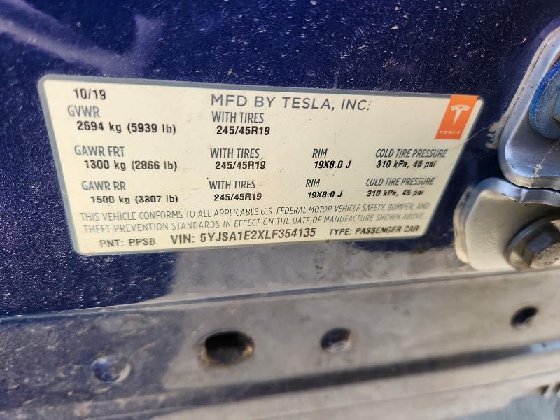2020 Tesla Model S მანქანა იყიდება აუქციონზე, vin: 5YJSA1E2XLF354135, აუქციონის ნომერი: 62793946