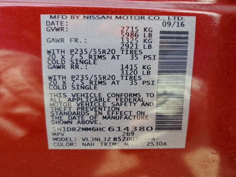 60760536 :رقم المزاد ، 5N1DR2MM6HC614380 vin ، 2017 Nissan Pathfinder مزاد بيع