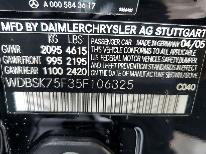 62240836 :رقم المزاد ، WDBSK75F35F106325 vin ، 2005 Mercedes-benz Sl مزاد بيع