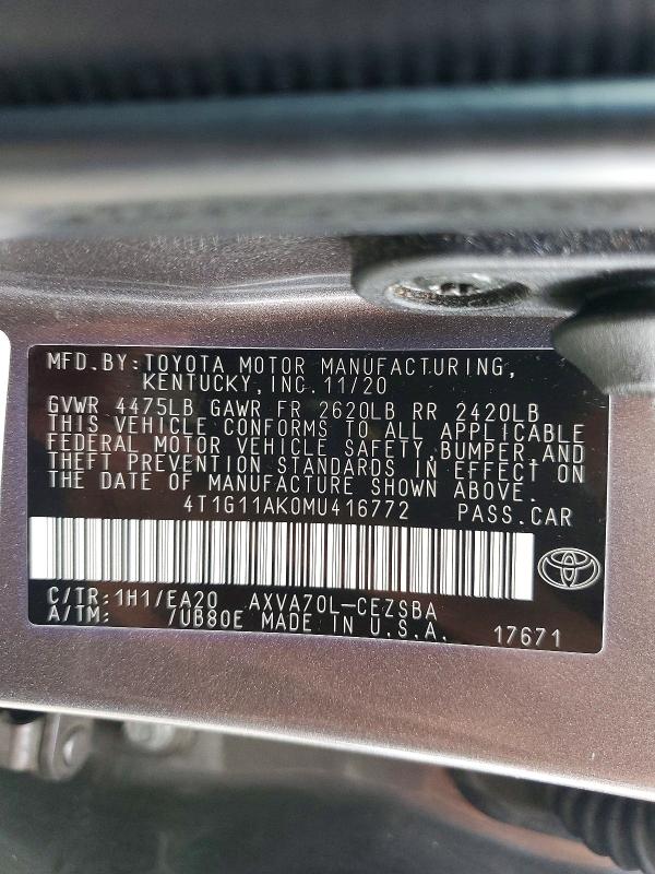 Продажа на аукционе авто 2021 Toyota Camry, vin: 4T1G11AK0MU416772, номер лота: 61032886