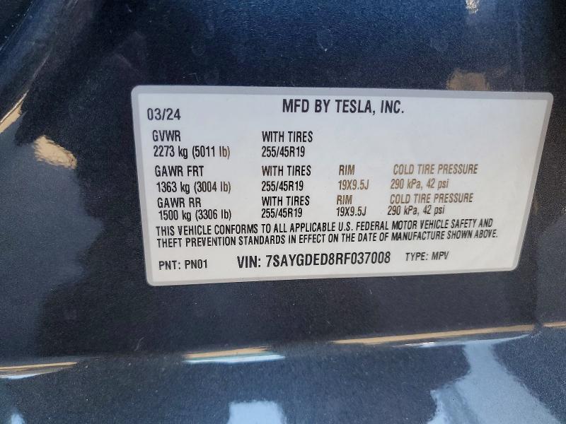 60527076 :رقم المزاد ، 7SAYGDED8RF037008 vin ، 2024 Tesla Model Y مزاد بيع