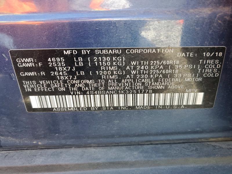 Продажа на аукционе авто 2019 Subaru Outback, vin: 4S4BSANC1K3251778, номер лота: 60669056