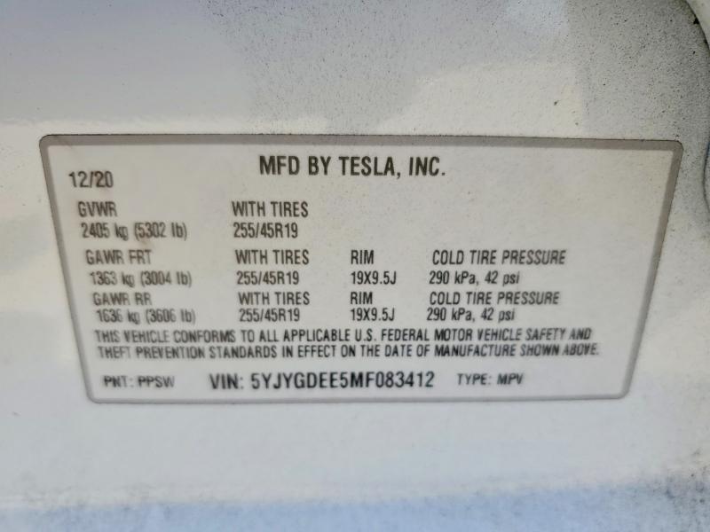 Aukcja sprzedaży 2021 Tesla Model Y, vin: 5YJYGDEE5MF083412, numer aukcji: 62872966