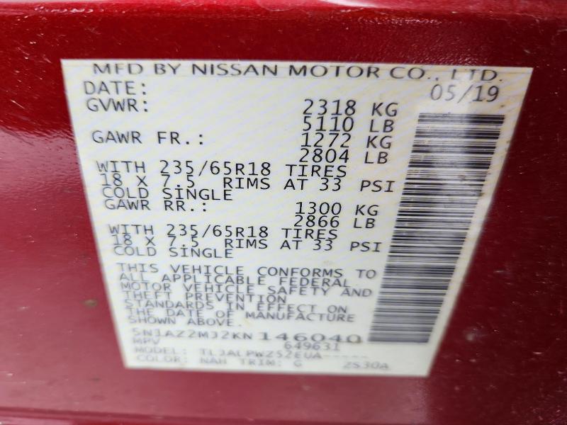 2019 Nissan Murano მანქანა იყიდება აუქციონზე, vin: 5N1AZ2MJ2KN146040, აუქციონის ნომერი: 61098216