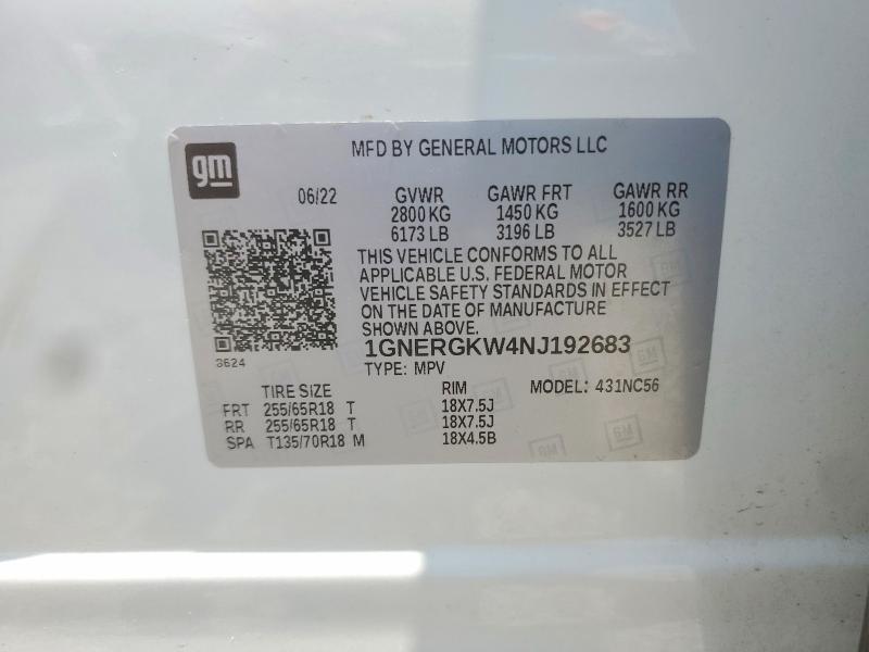 59361996 :رقم المزاد ، 1GNERGKW4NJ192683 vin ، 2022 Chevrolet Traverse مزاد بيع