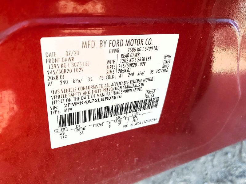 59216936 :رقم المزاد ، 2FMPK4AP2LBB03916 vin ، 2020 Ford Edge مزاد بيع