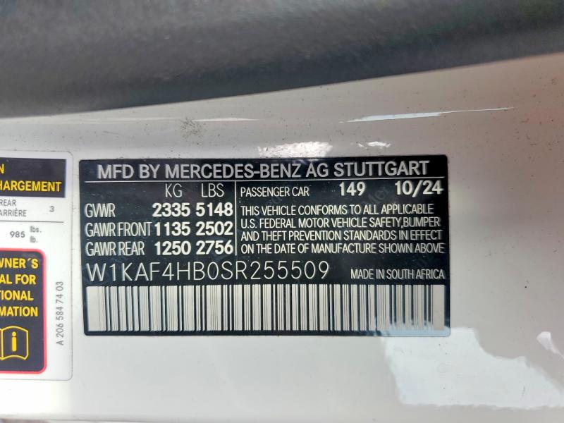 Aukcja sprzedaży 2025 Mercedes-benz C, vin: W1KAF4HB0SR255509, numer aukcji: 59320006