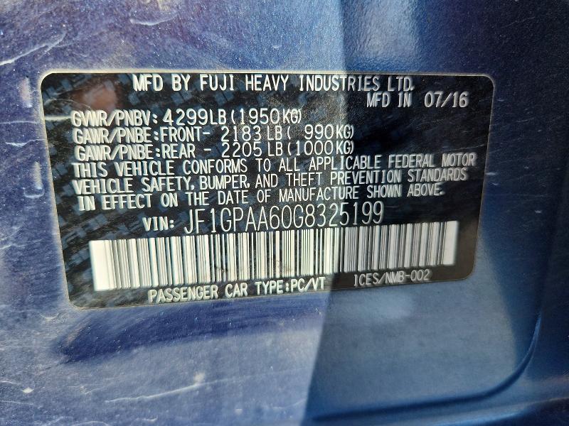 Aukcja sprzedaży 2016 Subaru Impreza, vin: JF1GPAA60G8325199, numer aukcji: 61312646