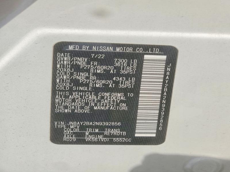 2022 Nissan Armada მანქანა იყიდება აუქციონზე, vin: JN8AY2BA2N9392856, აუქციონის ნომერი: 59342066