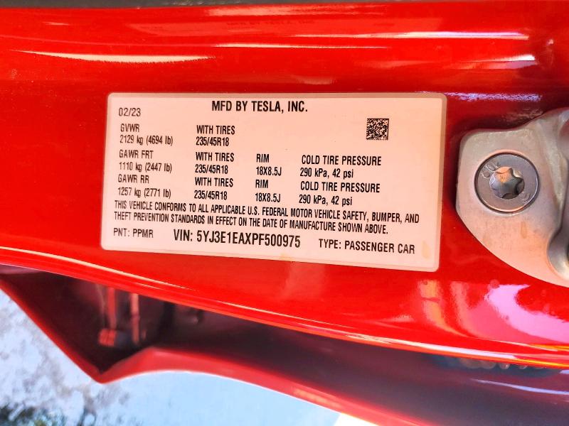 60428156 :رقم المزاد ، 5YJ3E1EAXPF500975 vin ، 2023 Tesla Model 3 مزاد بيع
