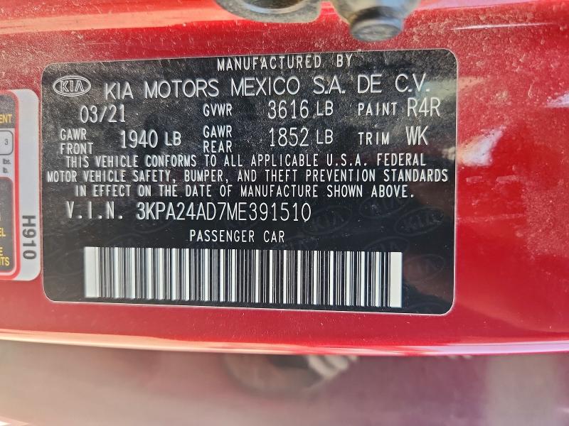 60871346 :رقم المزاد ، 3KPA24AD7ME391510 vin ، 2021 Kia Rio مزاد بيع