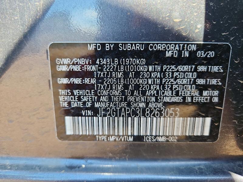 59395086 :رقم المزاد ، JF2GTAPC3L8263053 vin ، 2020 Subaru Crosstrek مزاد بيع
