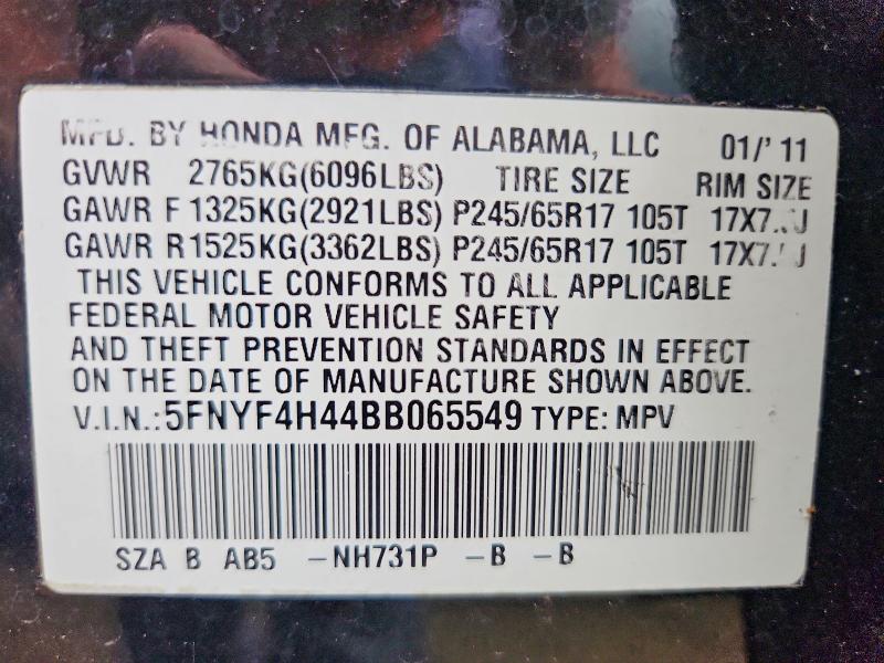 60676096 :رقم المزاد ، 5FNYF4H44BB065549 vin ، 2011 Honda Pilot مزاد بيع