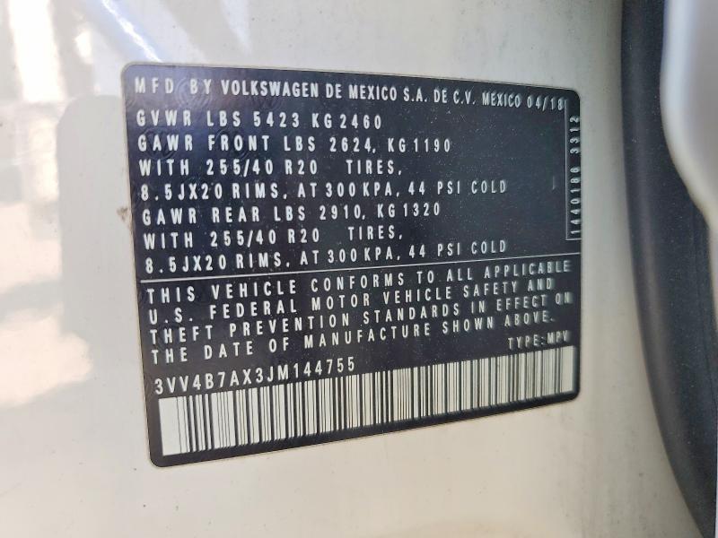 2018 Volkswagen Tiguan მანქანა იყიდება აუქციონზე, vin: 3VV4B7AX3JM144755, აუქციონის ნომერი: 59341326