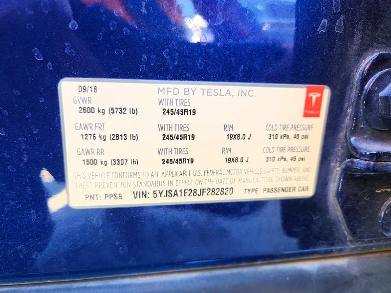 2018 Tesla Model S მანქანა იყიდება აუქციონზე, vin: 5YJSA1E28JF282820, აუქციონის ნომერი: 61878856