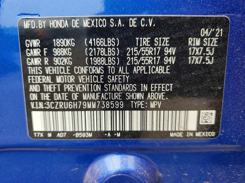 Aukcja sprzedaży 2021 Honda Hr-v, vin: 3CZRU6H79MM738599, numer aukcji: 60894926