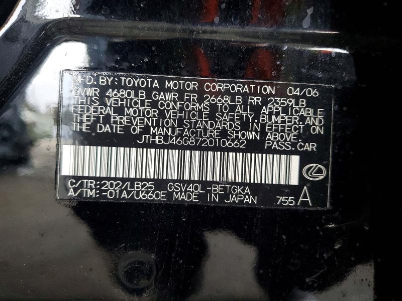 Aukcja sprzedaży 2007 Lexus Es, vin: JTHBJ46G872010662, numer aukcji: 85625315